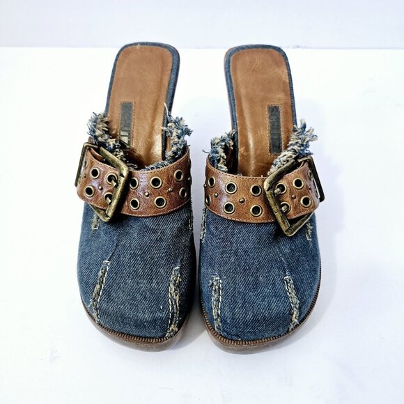 Schutz Y2K Wooden Denim Clog Heels Size 6M Wedge 90's Leather Buckle Fringe - Picture 2 of 7